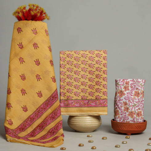 Traditional Hand Block Print Cotton Suit Set with Mulmul Dupatta (PRMUL01)